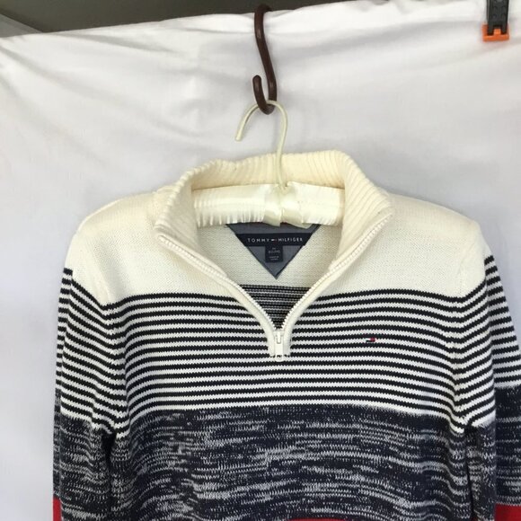 Tommy Hilfiger Quarter Zip Sweater Mock Neck Striped Cotton Women's Size Medium - Picture 6 of 11